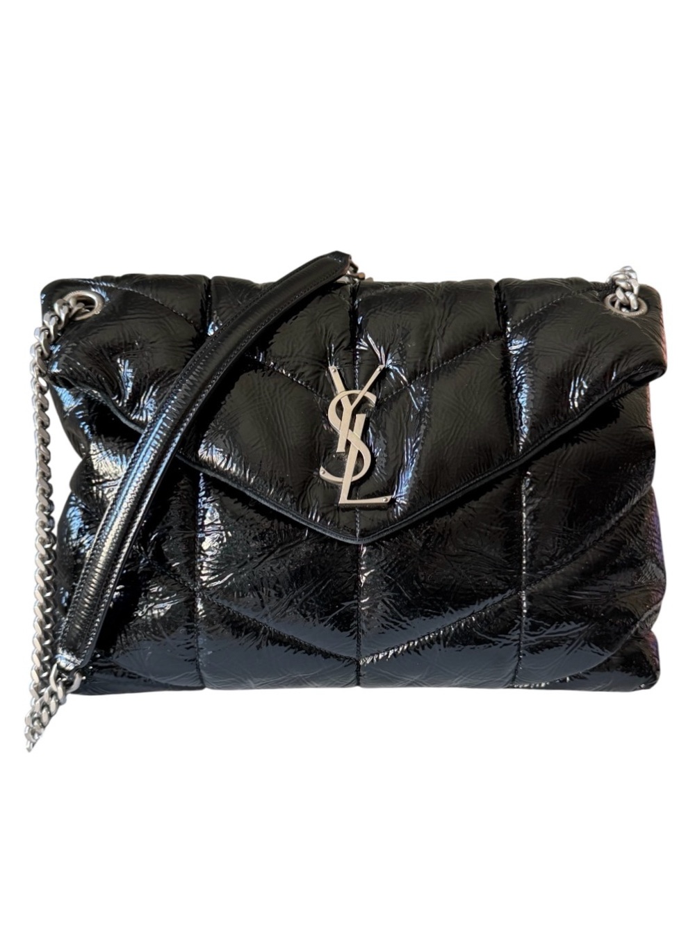 Saint Laurent YSL Medium Loulou Puffer Patent Lambskin Black Silver